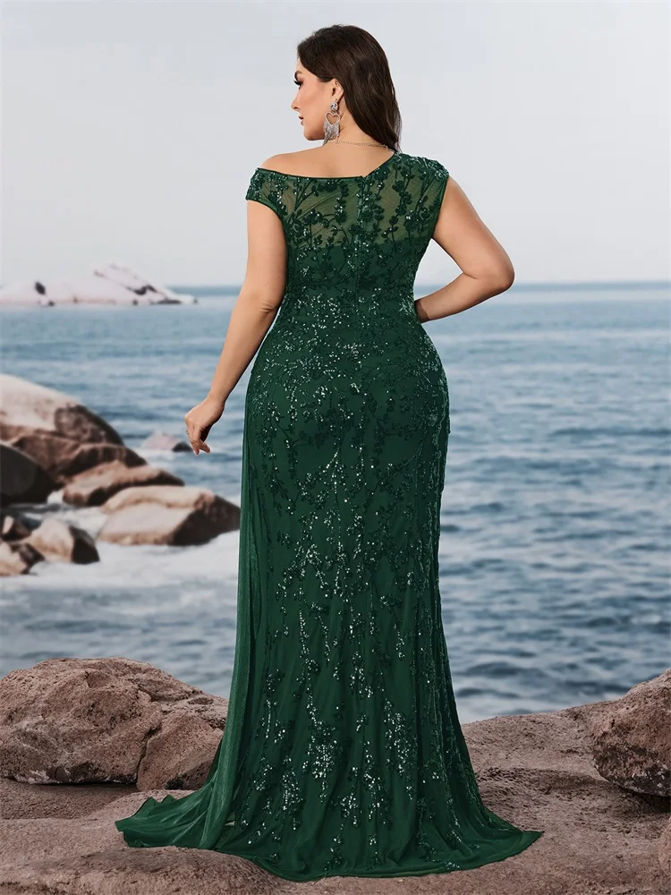 Lucyinlove Plus Size Elegante senza maniche con paillettes Patchwork Abiti da sera formali Abiti da cocktail per feste a sirena verde di lusso