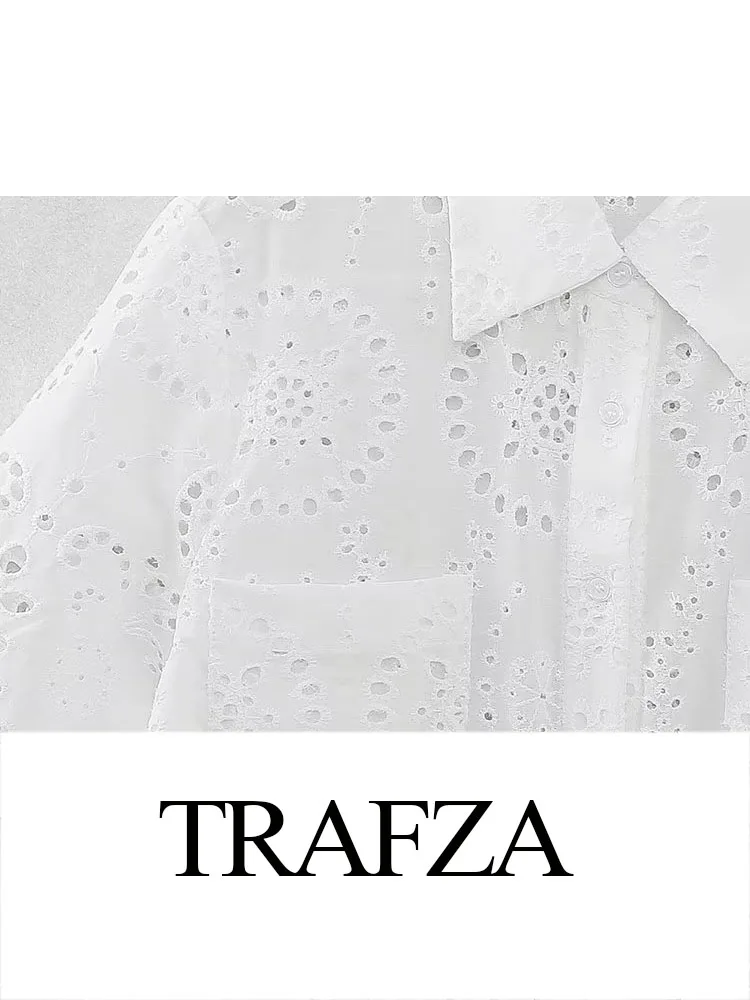 TRAFZA-Conjunto feminino curto bordado branco de duas peças, blusa oca, shorts largas, elástico na cintura, terno casual, verão