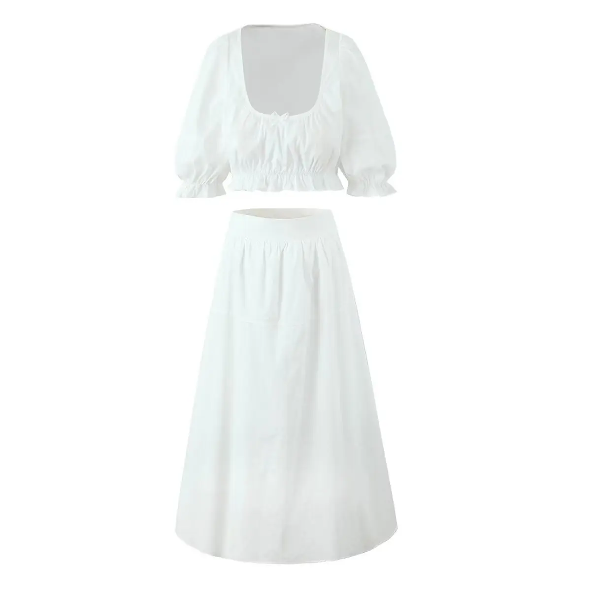 Withered 2026 Spring New European And American Style French Bubble Sleeve Short Sleeve Open Waist Short Top And Skirt Set