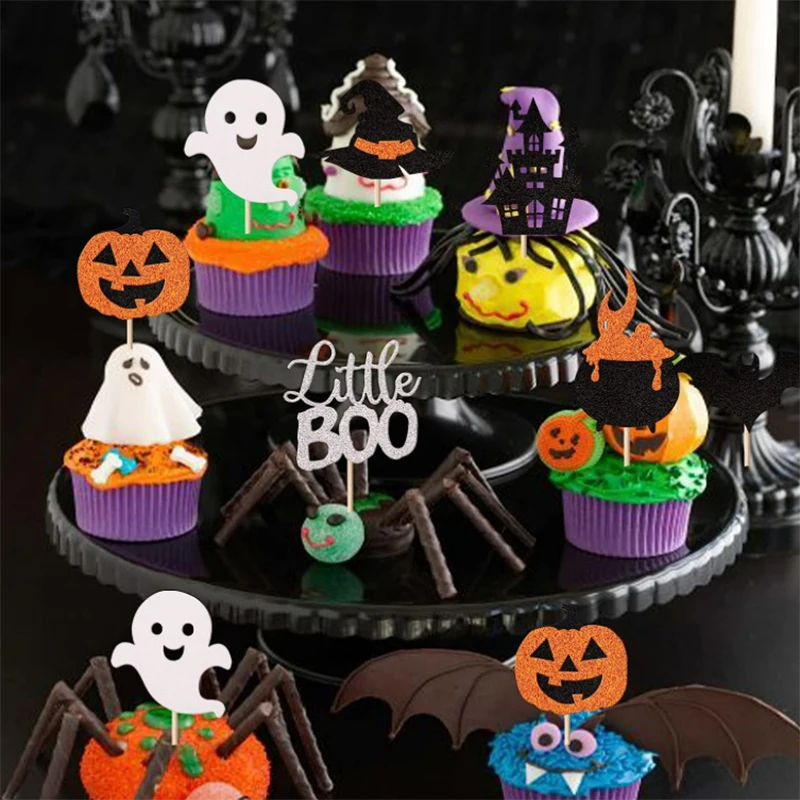 1set Halloween Cupcake Toppers Pumpkin Cupcake Wrappers Bat Witch Design Spiderweb Cupcake Toppers Toothpicks Party Faovrs