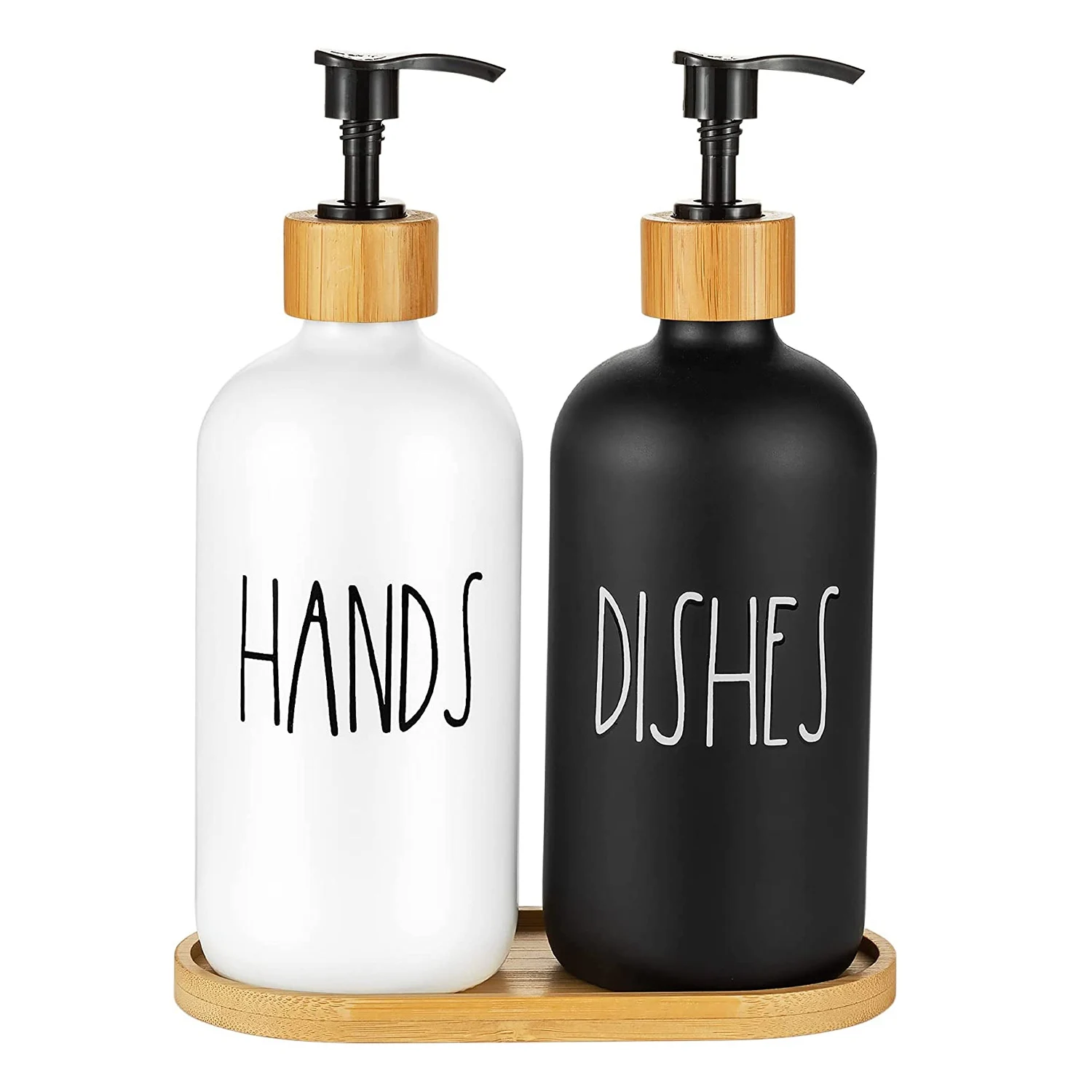 Hand and Dish Soap Dispenser for Kitchen Sink - Farmhouse Kitchen Soap Dispenser Set with Tray (Black & White)