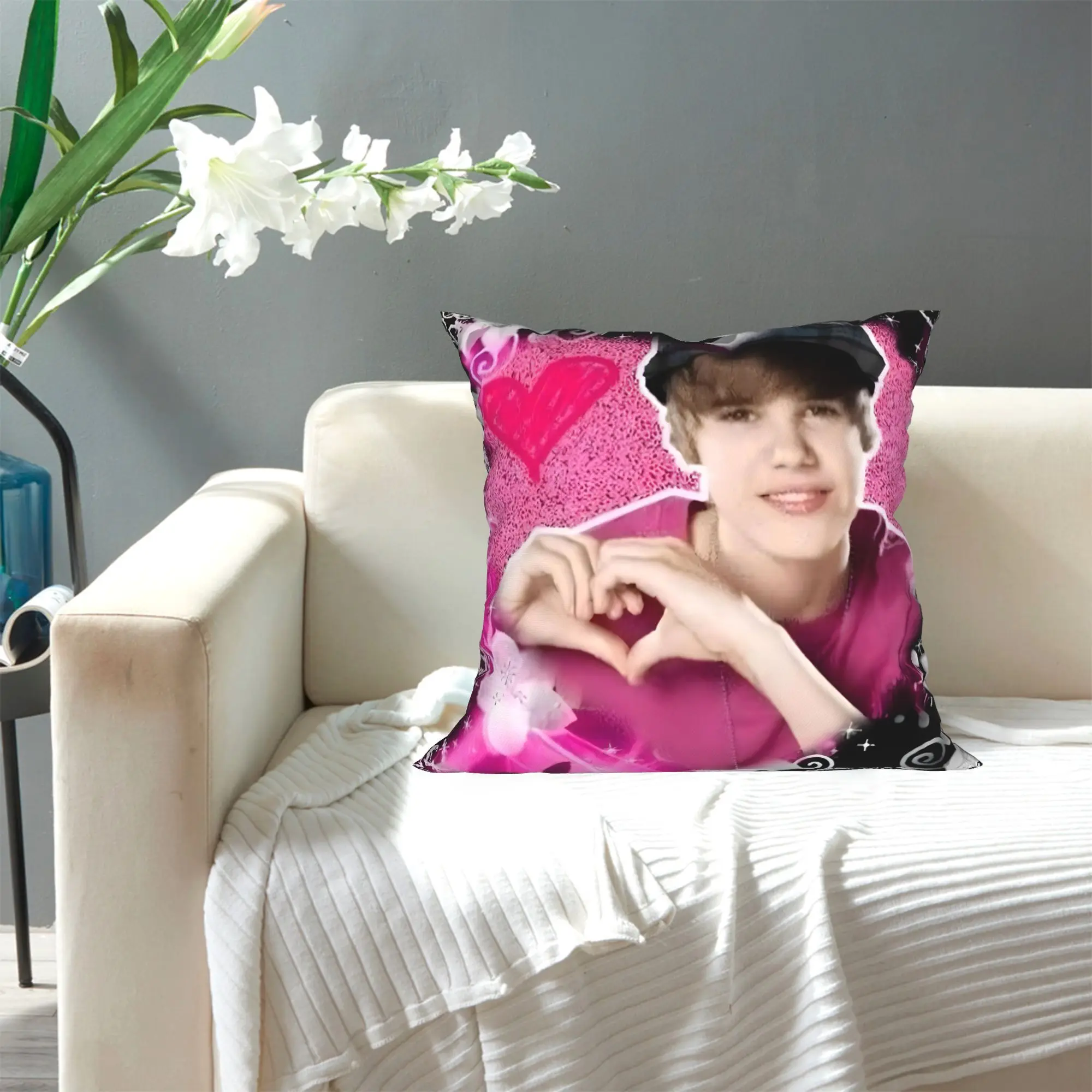 1pc Pink & Black Heart Justin Bieber Pillow Cover, Polyester 2D Double-Sided Print, Holiday Gift Pillowcase for Living Room Deco