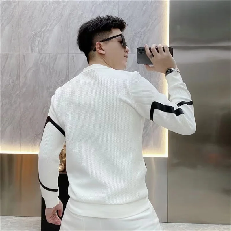 Autumn New Men's O-Neck Sweatshirts Zipper design Contrast Color Fashion Casual Long Sleeve T-shirt  Tops Male Clothes