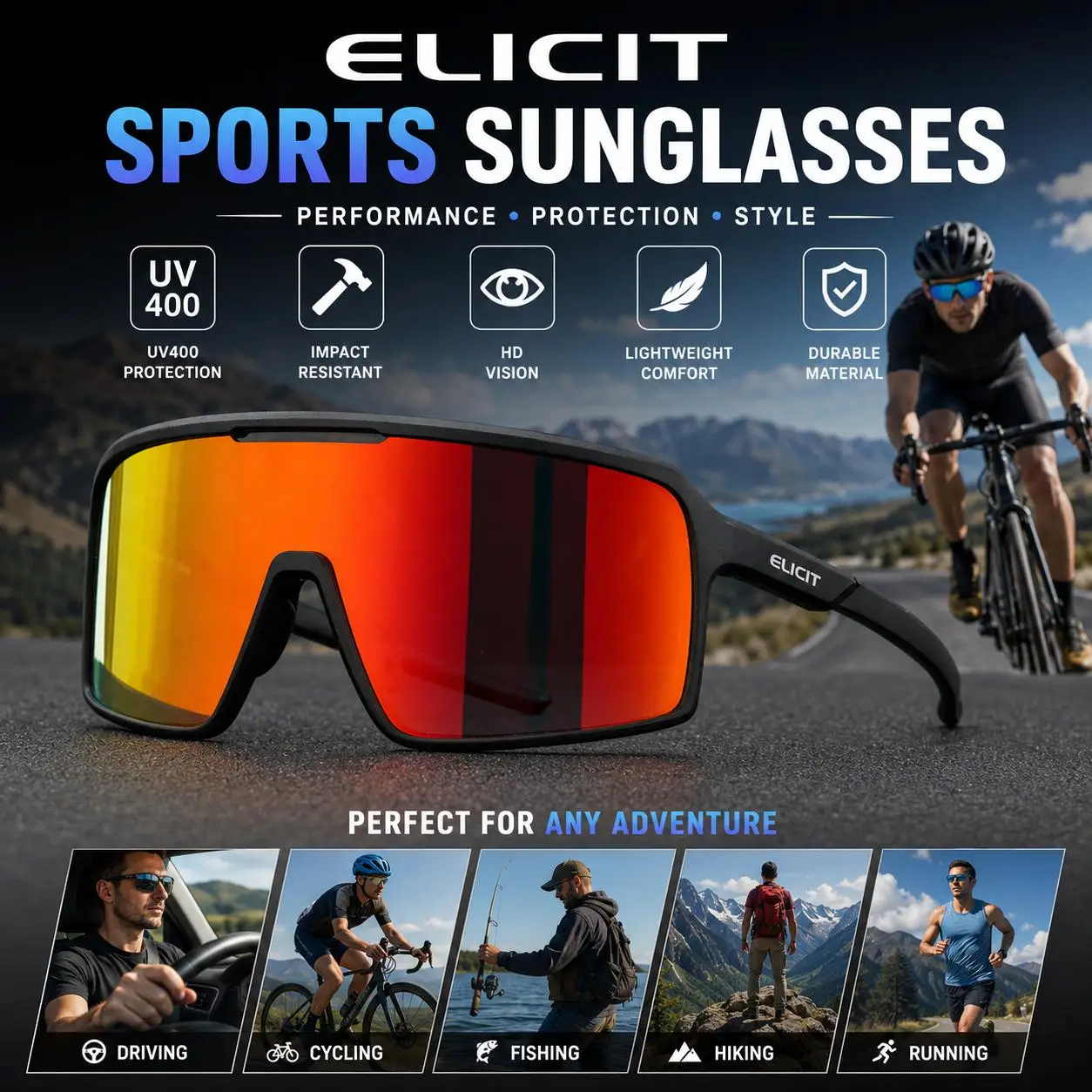 

ELICIT Polarized Bike Glasses UV400 Sun Protection Cycling Sunglasses Ultralight Large Frame MTB Road Bicycle Eyewear Glasses