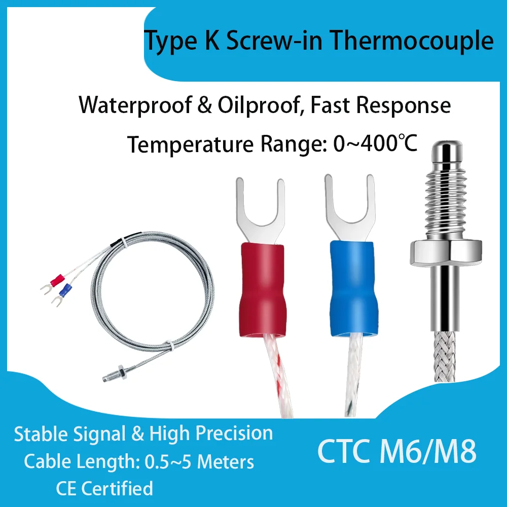 CNTD CTC Series M6/M8 Screw Mount Type K Thermocouple 0~400°C Stainless Steel Braided Wire Industrial Temp Sensor Probe