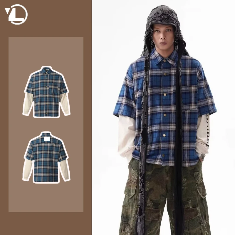 Fake Two Pieces Patchwork Shirts Mens Washed Color Blocking Retro Plaid Pattern Tops Printed Fashion Loose Male Jacket