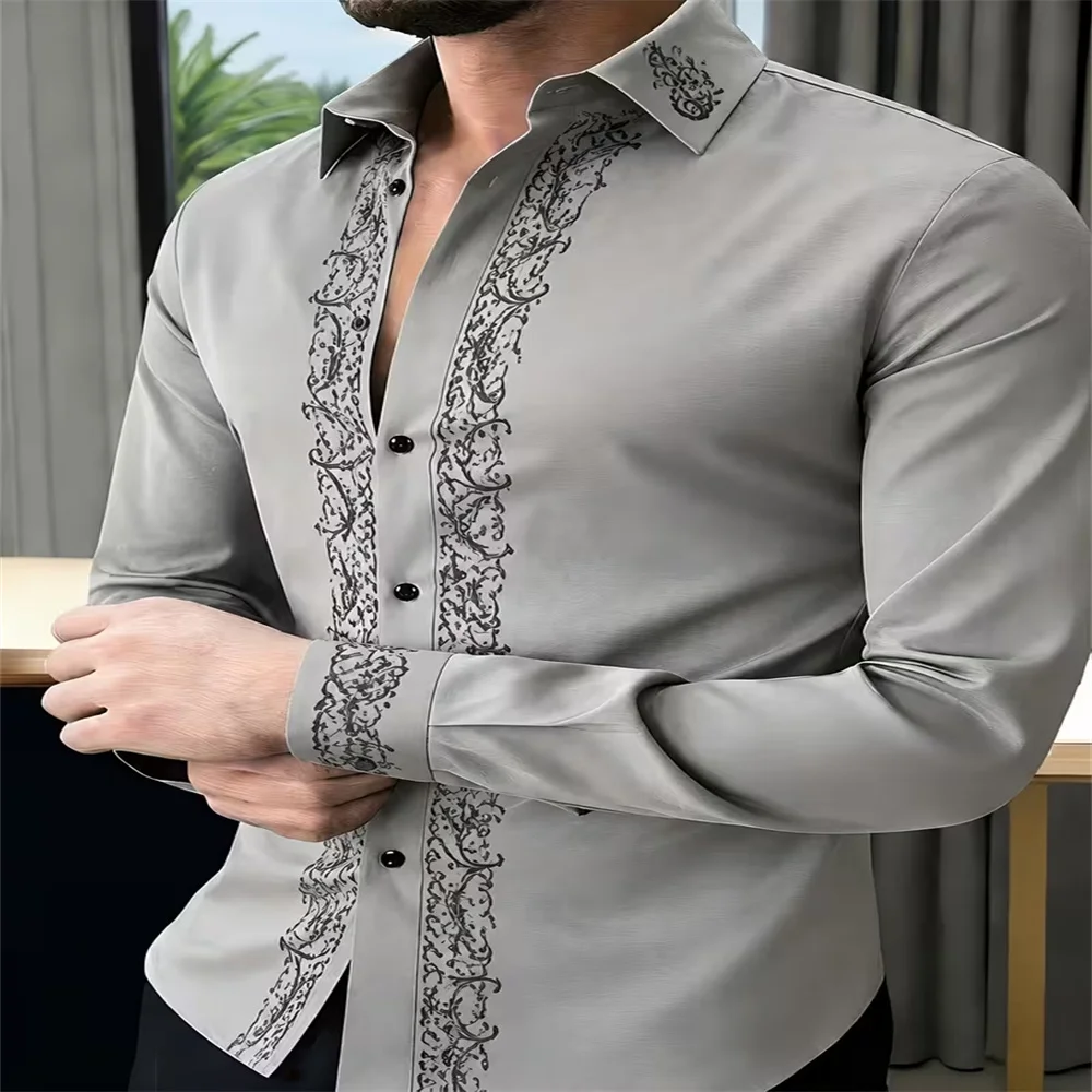 Men Vintage Golden Floral Leaf Print Long Sleeve Shirt Turn‑Down Collar Button‑Up Shirts Formal Business Casual Party Tops For M