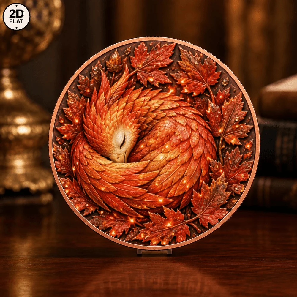 1pc 1oz .999 Fine Copper Autumn Phoenix Commemorative Coin 2D Print Sleeping Phoenix Challenge Coin Wildlife Gift for Myth Fans