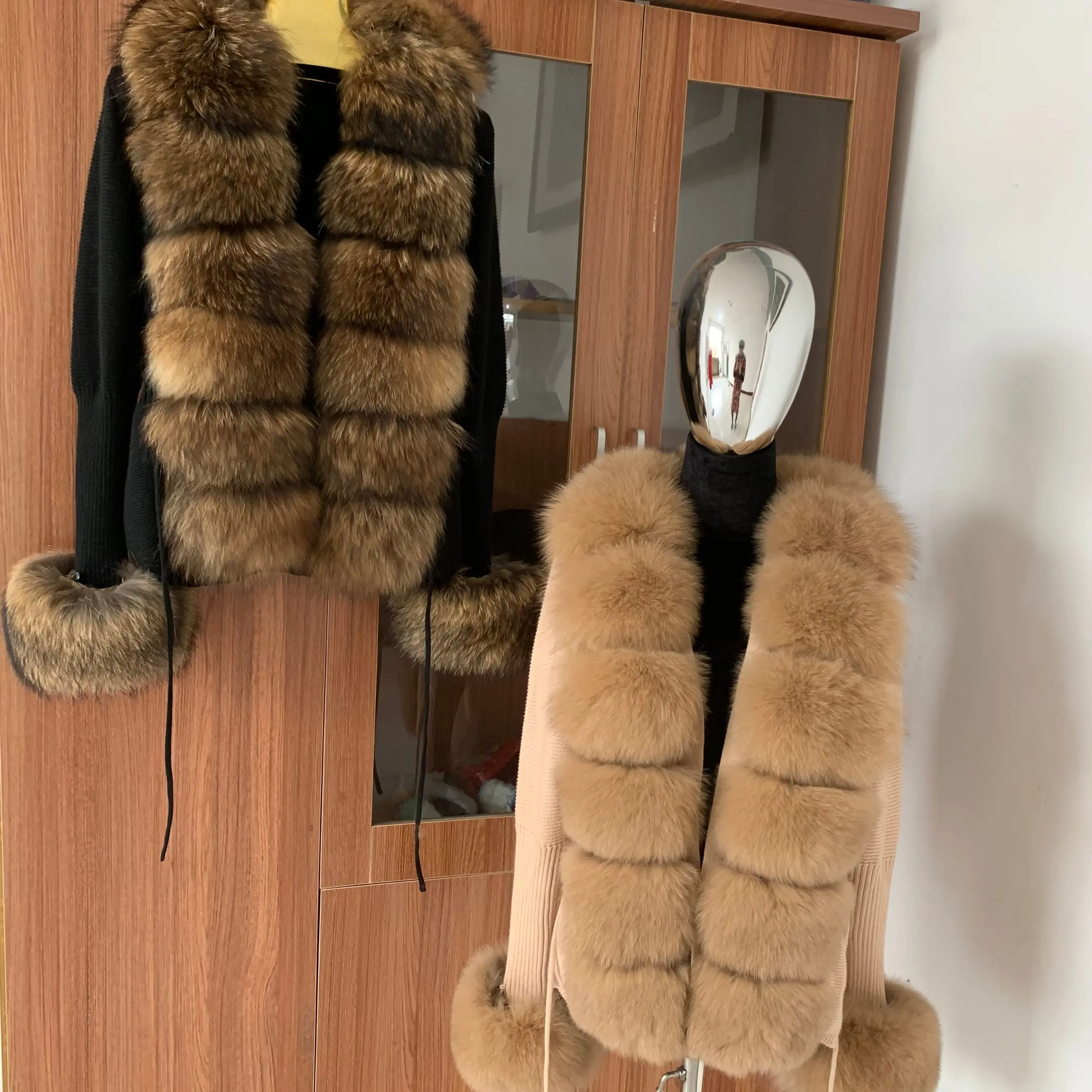 Women\'s Fashion Real Fox Fur Knitted Cardigan Fur Coat Natural Raccoon Fur Plus Knitted Sweater Cardigan Spring and Autumn Jacke