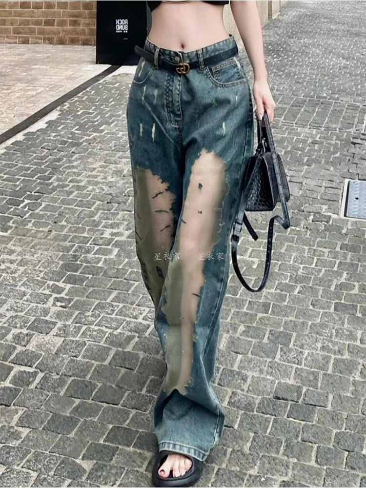 Women Mesh Patchwork Y2k Jeans Harajuku Oversize Denim Trousers Y2k Jean Pants Vintage Japanese 2000s Style Trashy Clothes 2024