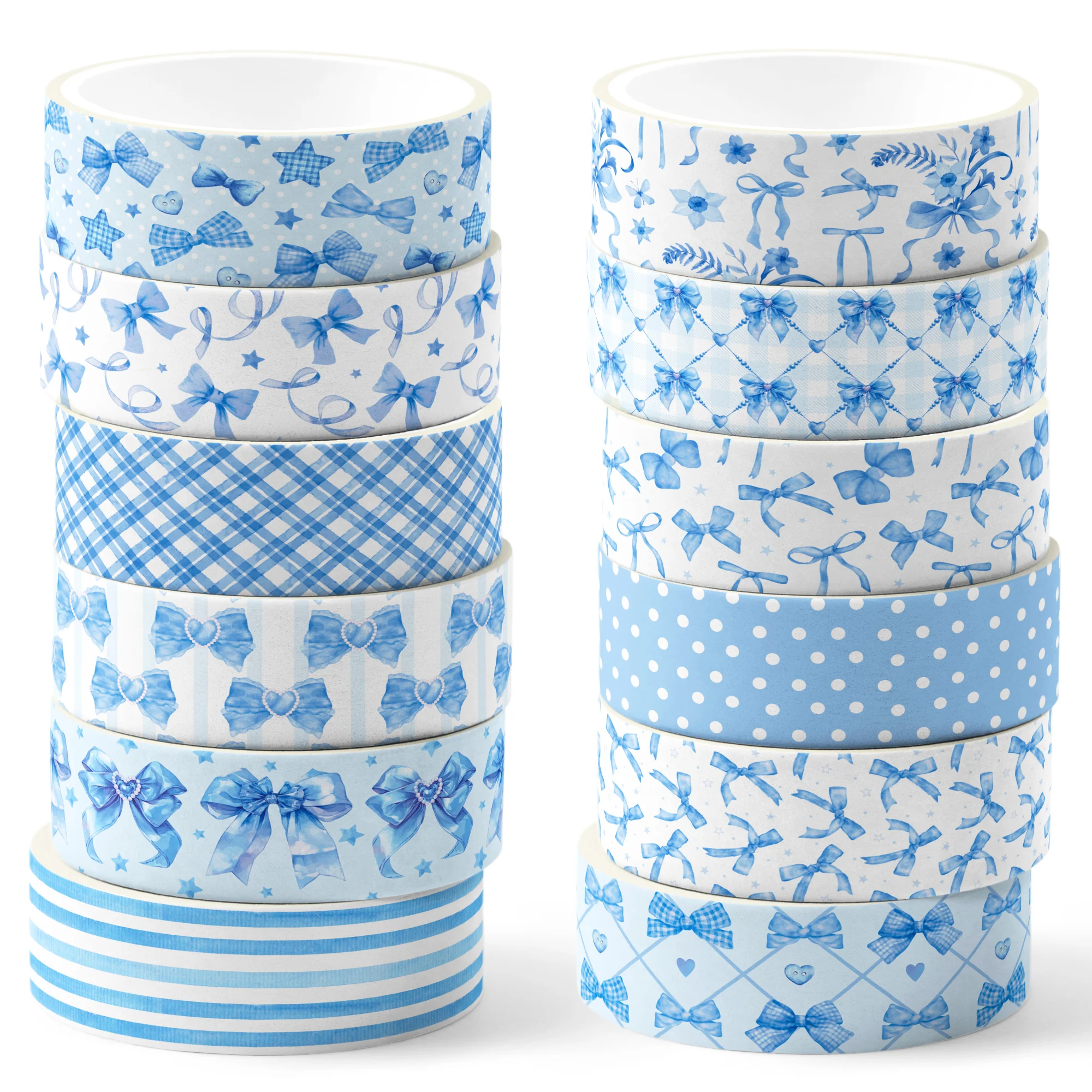 12 Rolls Blue Bow Washi Tape Set,Decorative Paper Stickers,DIY Craft Tape for Gift Scrapbooking Dairy Decoration Supplies