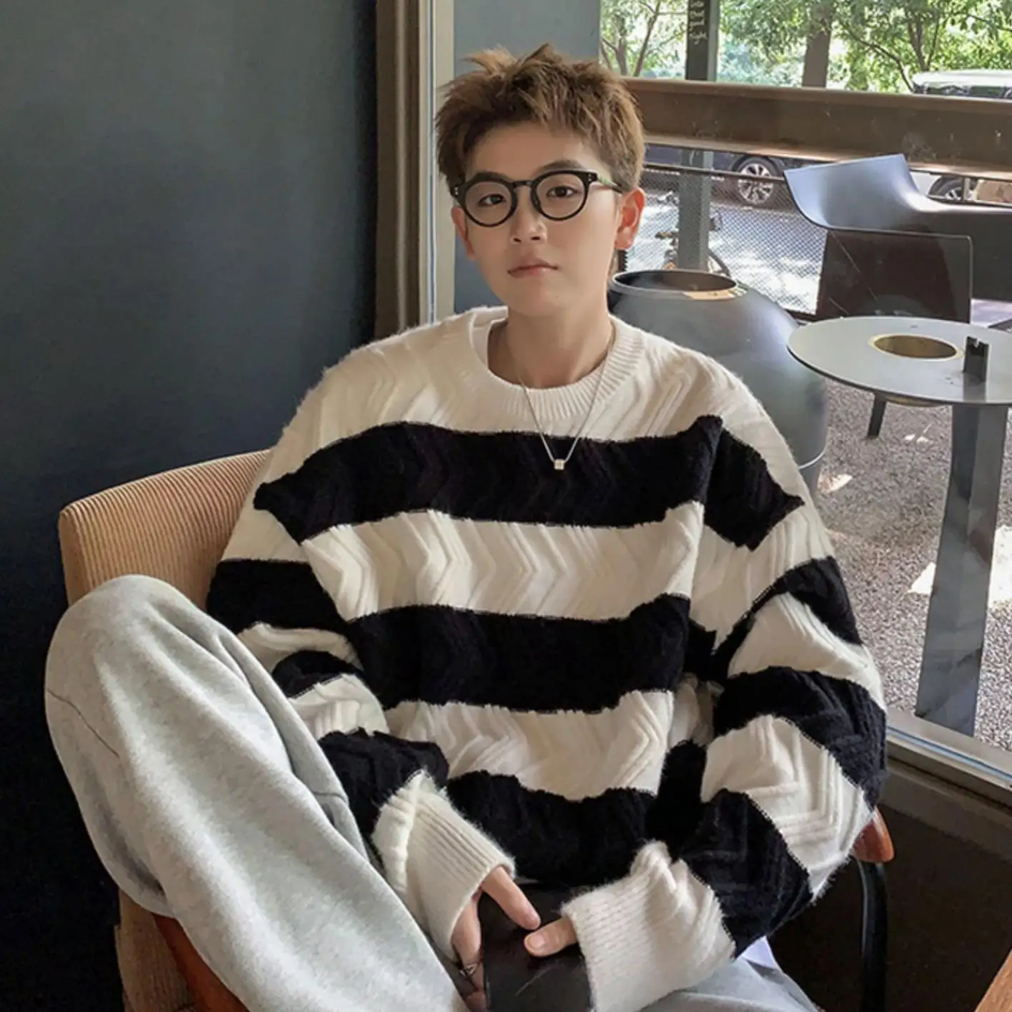 

Полосатый свободный парный ленивый Sle, элитный теплый вязаный базовый слой, повседневная верхняя одежда, модный брендовый мужской осенний свитер
