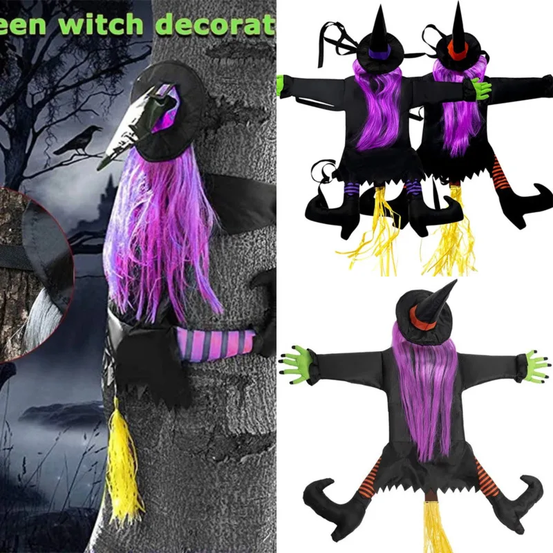 

Halloween Witch Crashing Into Tree Outdoor Decor Glow Witch Prop Haunted House, Spooky Holiday Party Garden Yard Wall Decoration