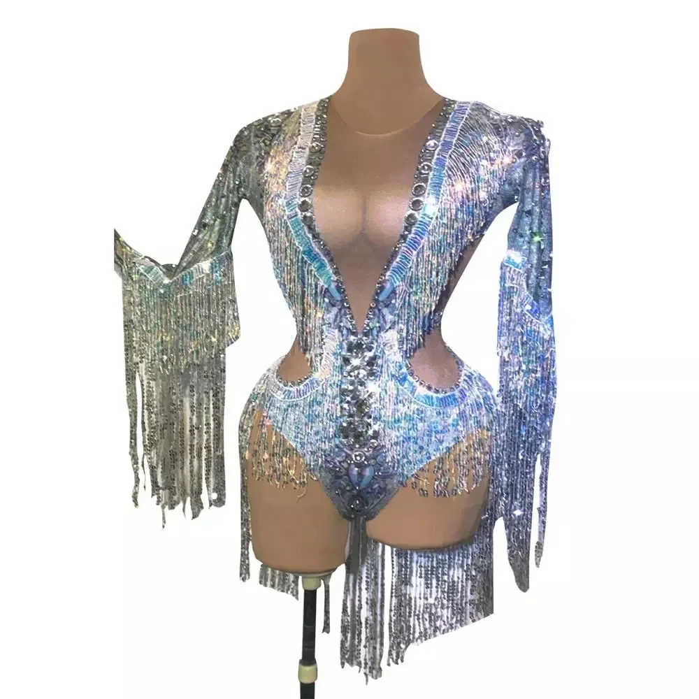 Sparkling Silver Rhinestone Sequin Tassel Party Bodysuit Women Stretch Dance Jumpsuit Club Bar Singer stage dance costume