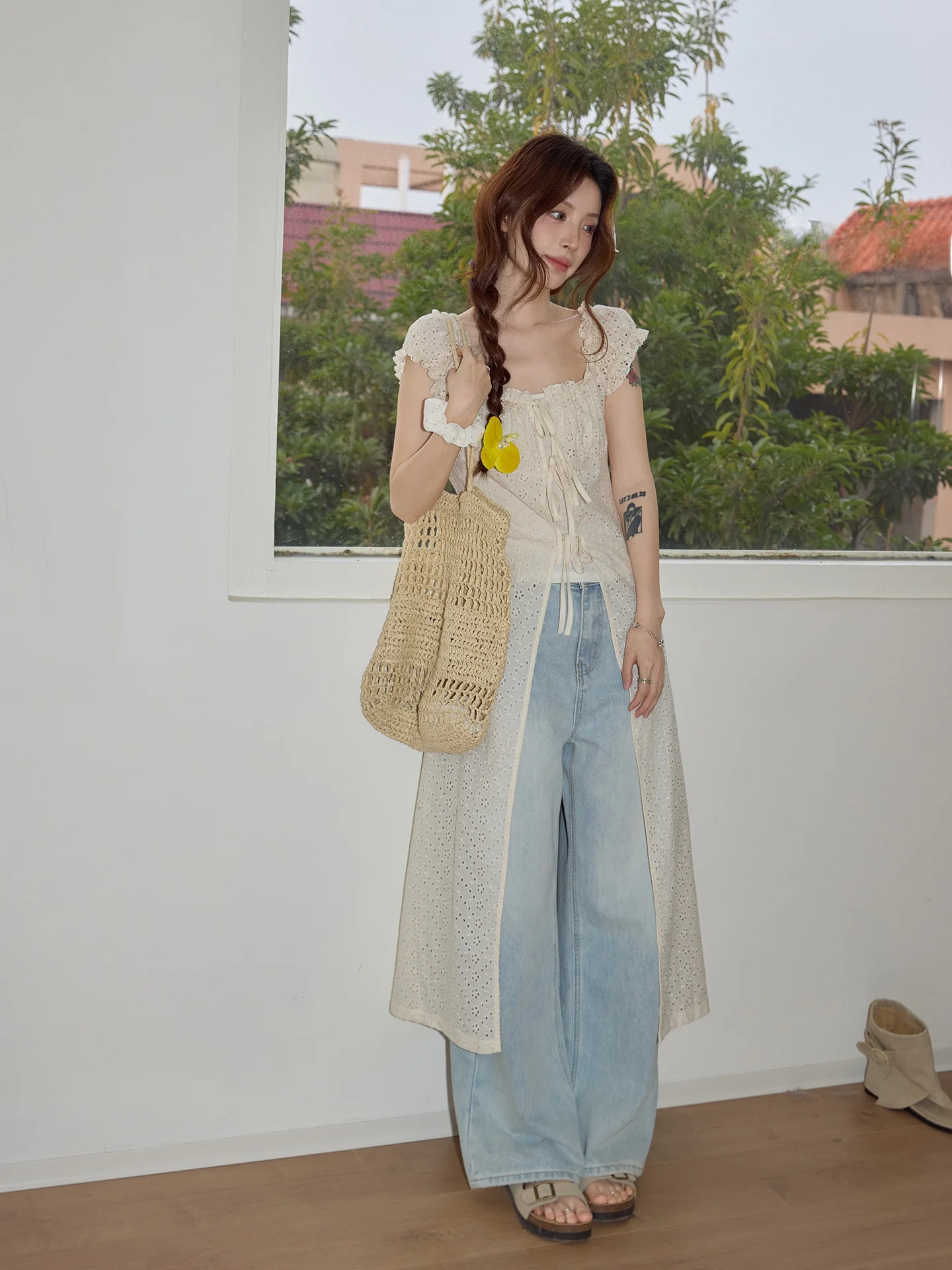 

Chaocha Home Women's Bubble Sleeve Embroidered Shirt Summer Sun Protection Cardigan Style Midi Short Sleeve Shirt Citywalk