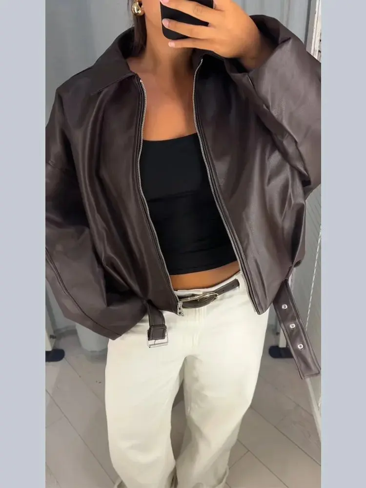 الشارع سترة نسائية جلدية بدوره إلى أسفل طوق سحاب أكمام طويلة معطف الإناث 2025 الخريف موضة بولي Pu فضفاض الدانتيل يصل سترات للسيدات