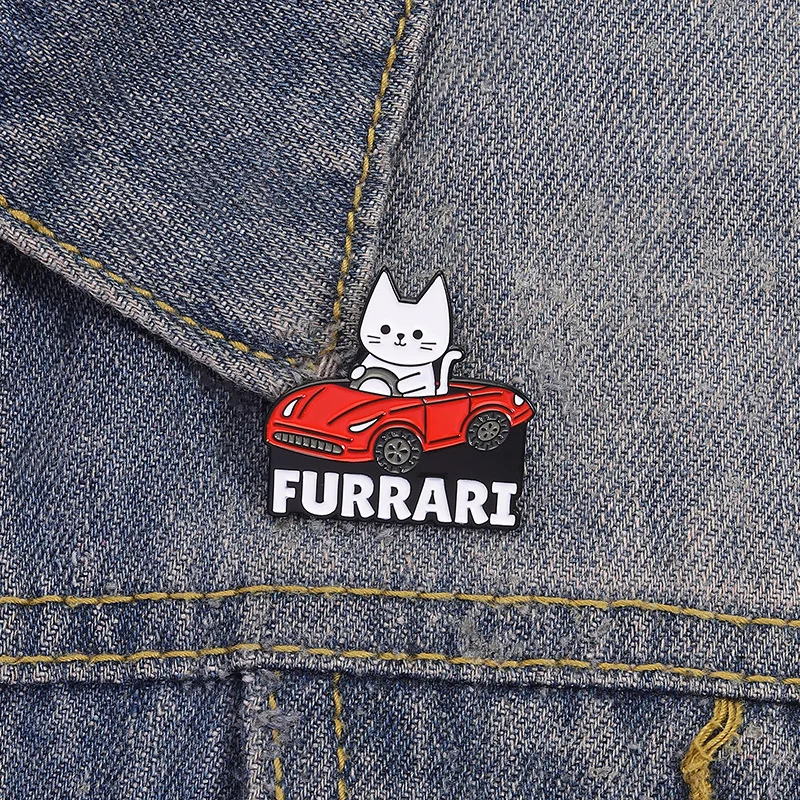 Enamel Pin Creative Cat Driving Sports Car Brooch Cute Cat Slave Car Fan Personalized Decoration Accessories Badge Lapel Pins