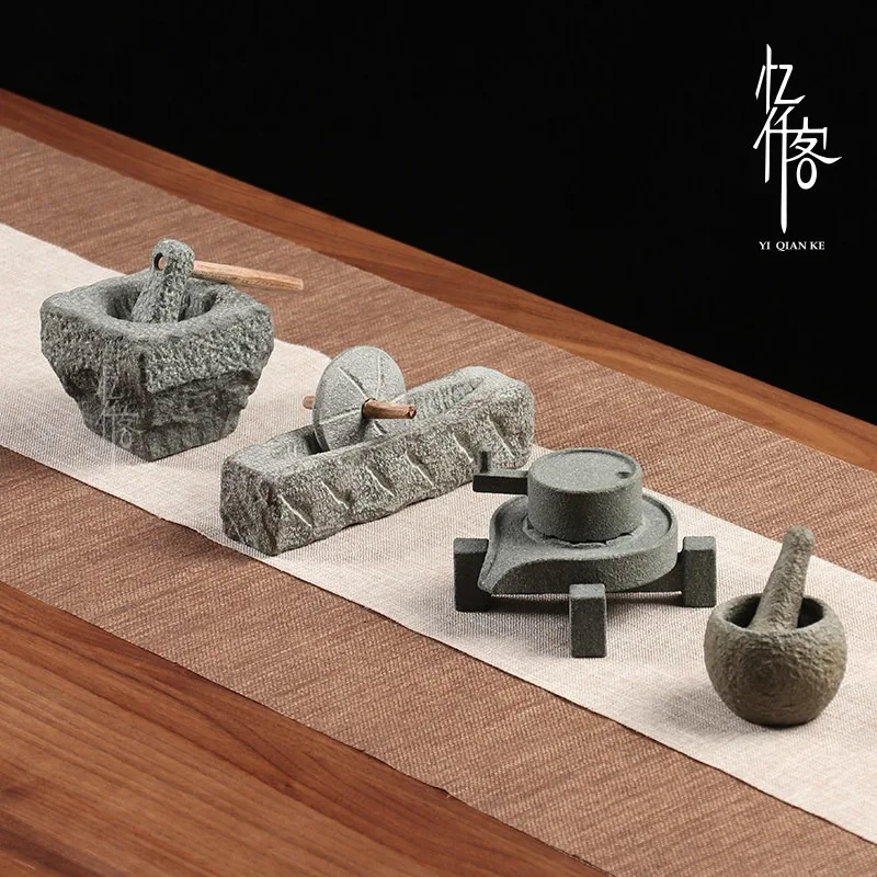 Creative retro small stone mortar stone mill creative bluestone grinding tea pet ornament can raise tea play boutique