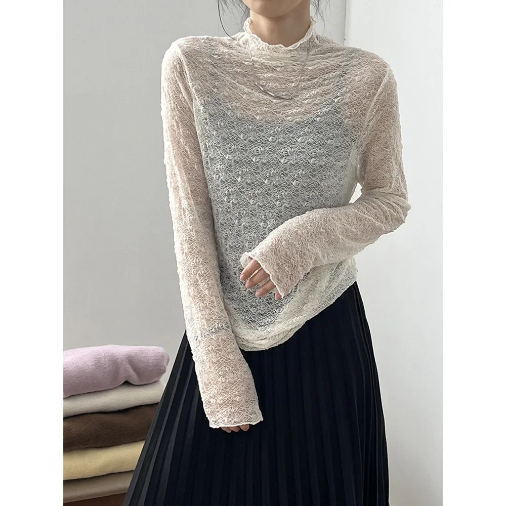 Women Clothes French Style Half High Neck Lace T Shirt 2024 Autumn Winter New Slim Long-sleeved Fashionable Casual Elegant Shirt