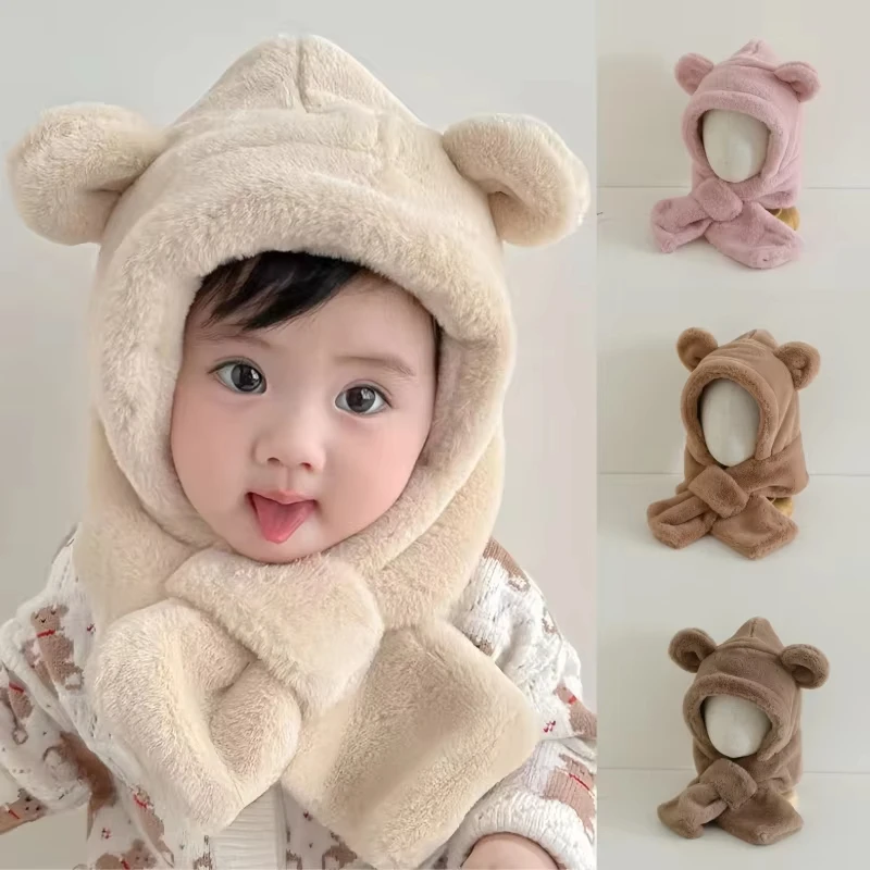 

Cartoon One Piece Baby Plush Hat Scarf Winter Warm Ear Protection Cap Scarves for Kids Boy Girl Cute Bear Beanies Cap