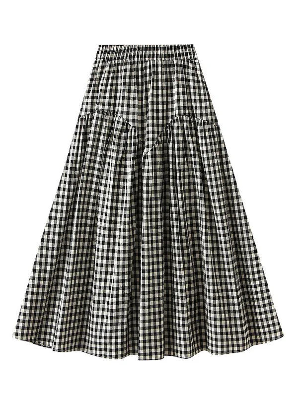 

Retro Blue Plaid A-Line Skirt Elastic Waist Midi Skirt Street Sle Polyester Fabric Long Skirt with Summer 2025