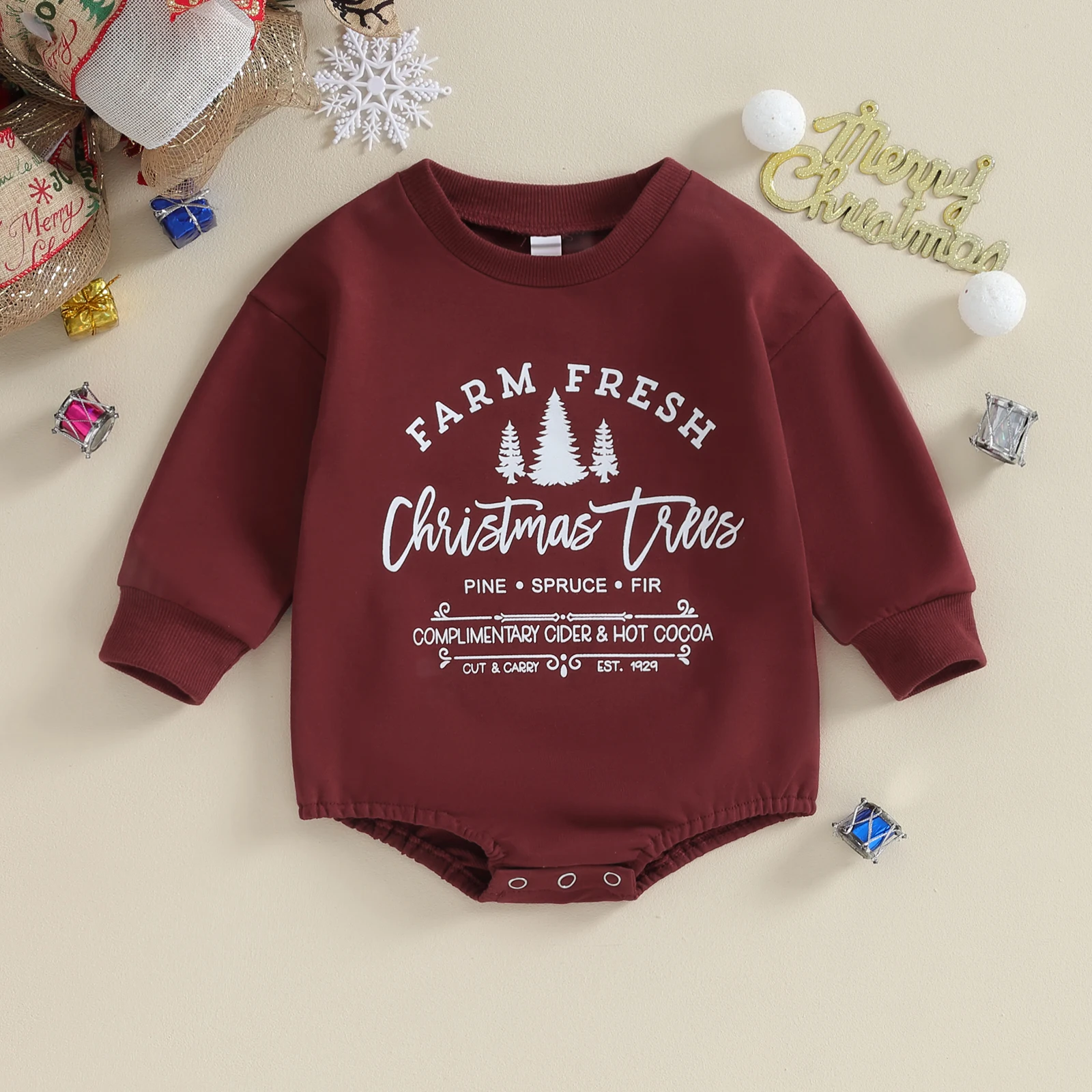 Baby Christmas Sweatshirt Romper Long Sleeve Crew Neck Letters Tree Print Bodysuit Xmas Clothes for Girls Boys