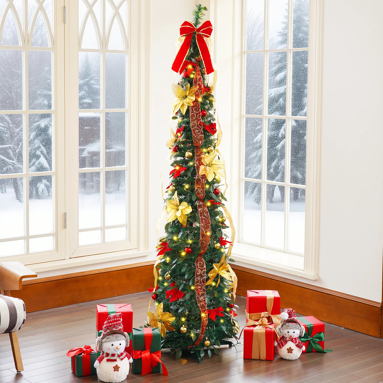 

6ft Pencil Christmas Tree with Colorful Ribbons and 100 LED Lights Remote Control Accessories and Holiday Ornaments Included