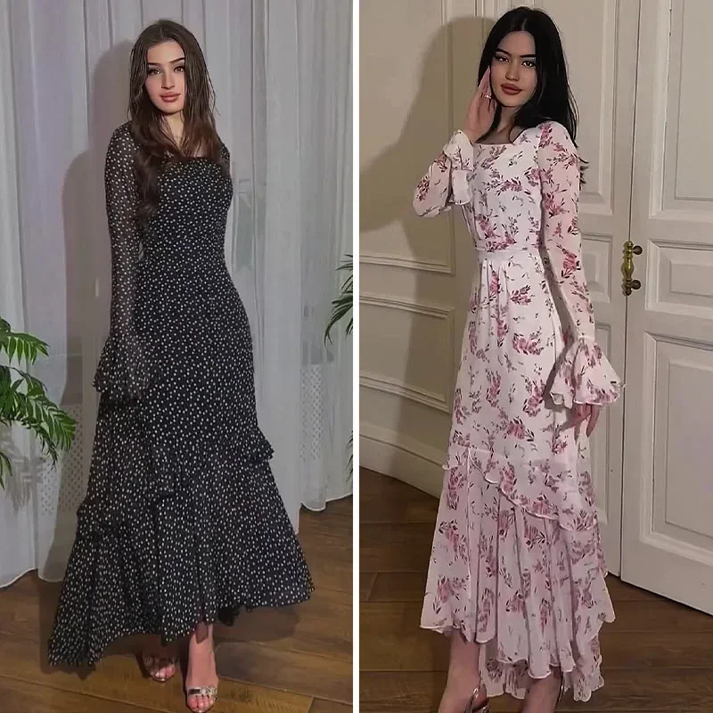 Szyfonowa sukienka z falbankami, damska, letnia, z długim rękawem, łączona, z wysokim stanem, wyszczuplająca, asymetryczna, w kwiaty, sukienka wieczorowa, długa sukienka.