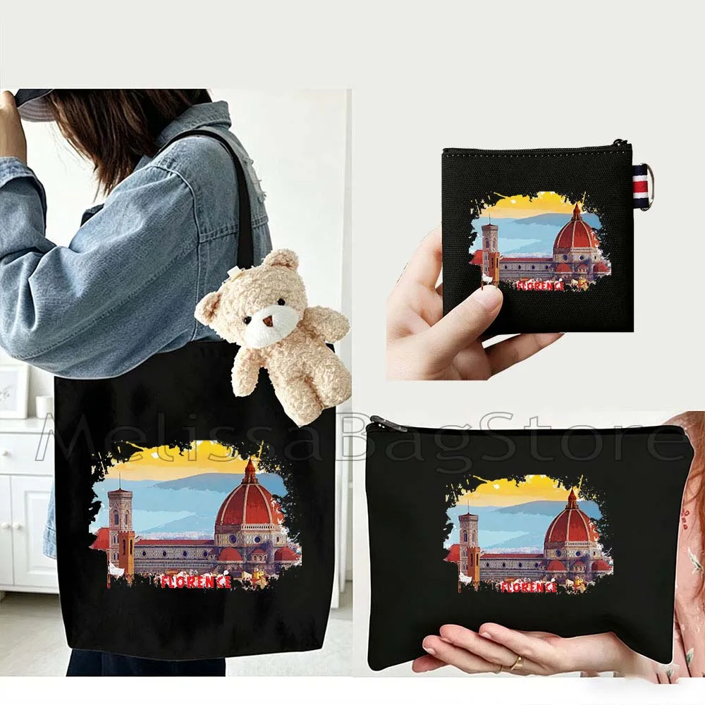 

4PCS Gifts Set Florence Italy White Canvas Tote Bag Handbag with Doll Key Coin Purse Cosmetic Makeup Toilet Bag Case Pouch