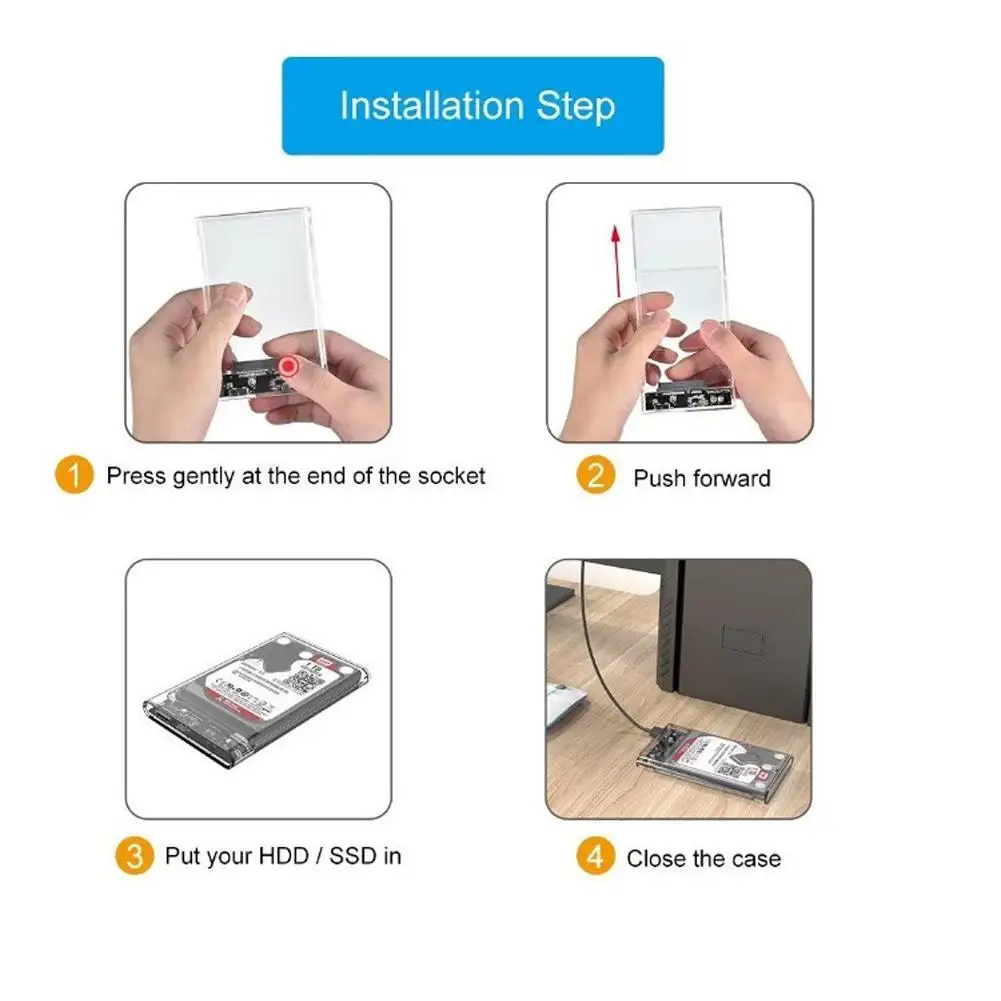 

Transparent HDD Case HDD Enclosure 2.5 Inch SSD SATA To USB2.0 Type-C Adapter Portable External Hard Drive Box Tool-Free