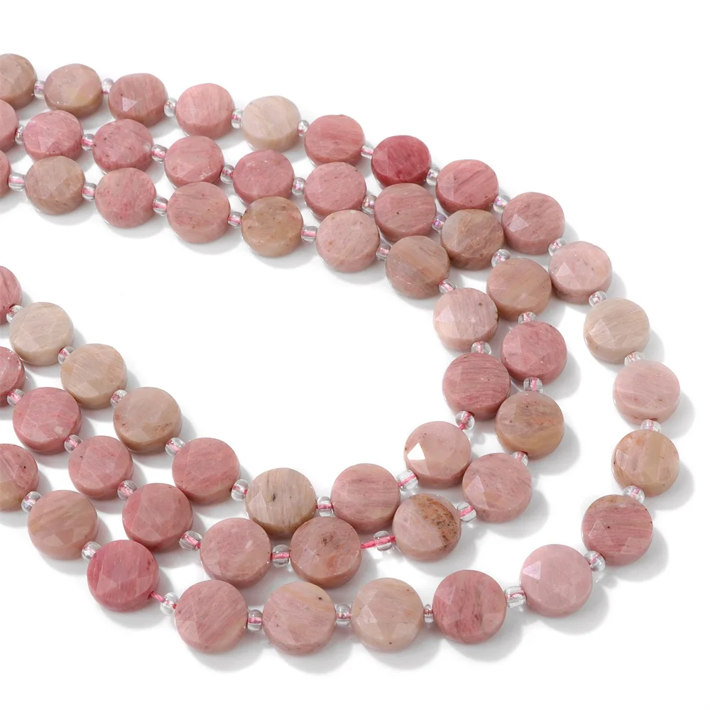 Perle de pierre ronde plate à facettes naturelles, entretoise en forme de pièce de monnaie, bijoux de mode, accessoires de bricolage exécutifs, rose, bal dochrosite, adt