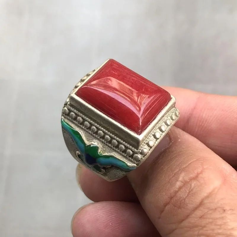 Antique White Copper Silver Plated Cloisonne Enamel Red Gemstone Ring Jade Thumb Ring Vintage Jewelry