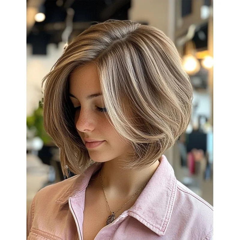 Short Bob Ash Brown Blonde Highlight Wavy Wigs  Lace Front   Human Hair Wigs