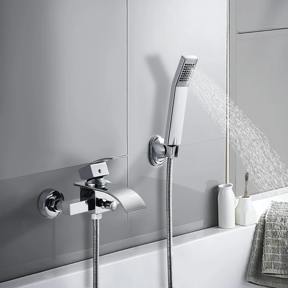 Oeegoo Bathtub faucet with hand shower, with waterfall spout, mixer tap bathtub faucet including wall bracket, Chrome