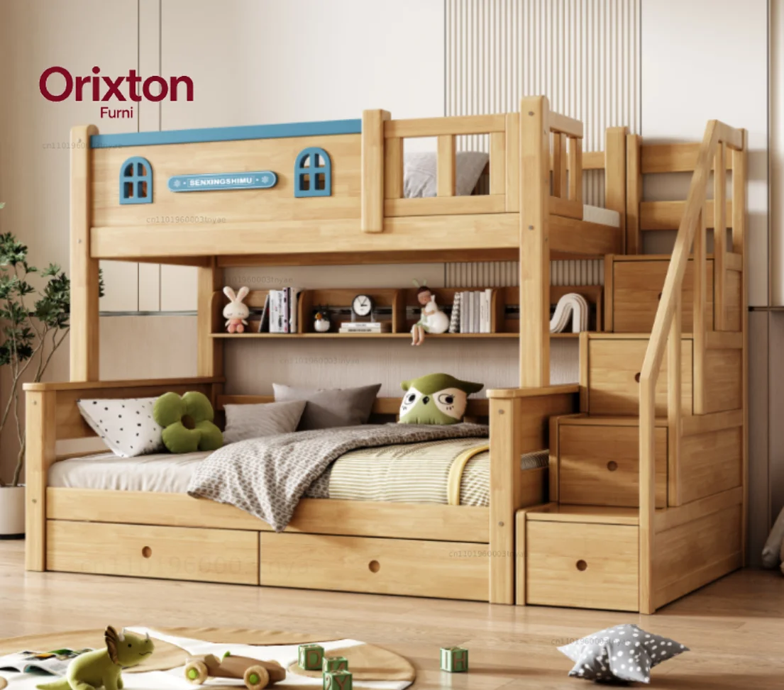 ！@2025 High-Low Beds Children Home Furniture Upper Lower Tables Combination Kids Wooden Bunk Bed With Storage Cabinet Stair
