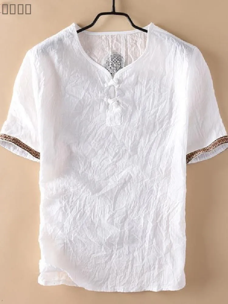 

Summer Men's Retro Linen T-irt ort Sve Loose Large Size Casual Ice Silk Cotton Linen T-irt Trendy Comfortable Soft