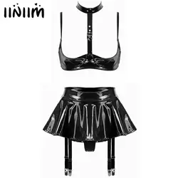 Womens Wet Look Patent Leather Latex Wire-free Open Cup Bra Top Ruffle Built-in Thongs Garter Belt Mini Skirts Sexy Lingerie Set