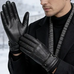 BISON DENIM guanti invernali in pelle di pecora da uomo guanti caldi Touchscreen con fodera in Cashmere guida guanti da sci da corsa in bicicletta