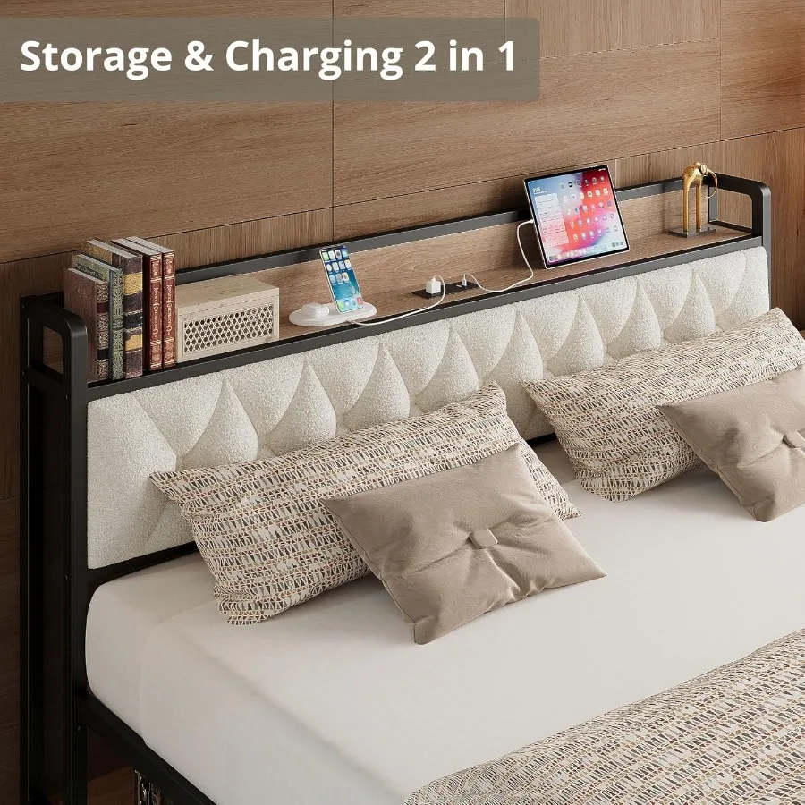 إطار سرير كينج كاليفورنيا مع لوح رأسي للتخزين المتكامل وإطار سرير بمنصة شحن مدمجة يتميز بمتين #3