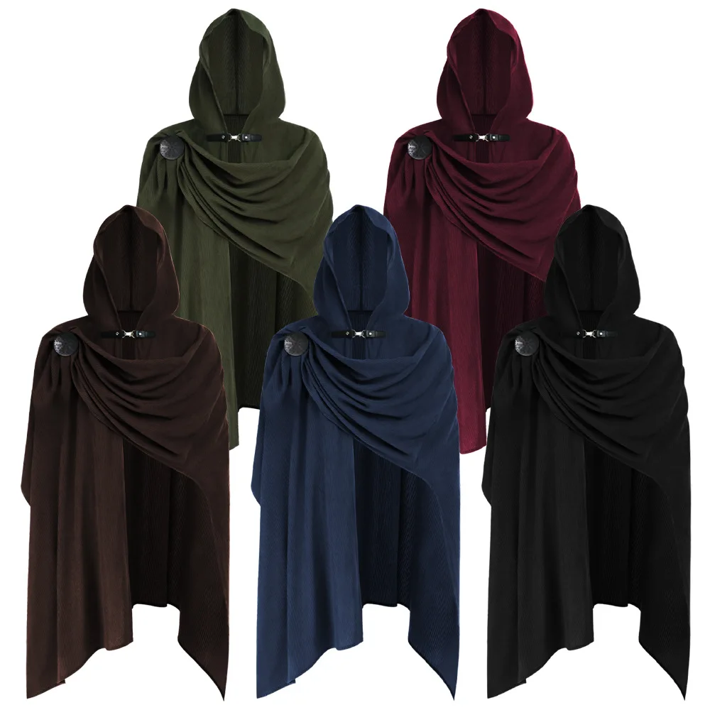 Mens Medieval Corduroy Cloak Cowl with brooch cos Death Knight Halloween Renaissance Knight pirate ranger Cloak Wizard Cosplay view 6