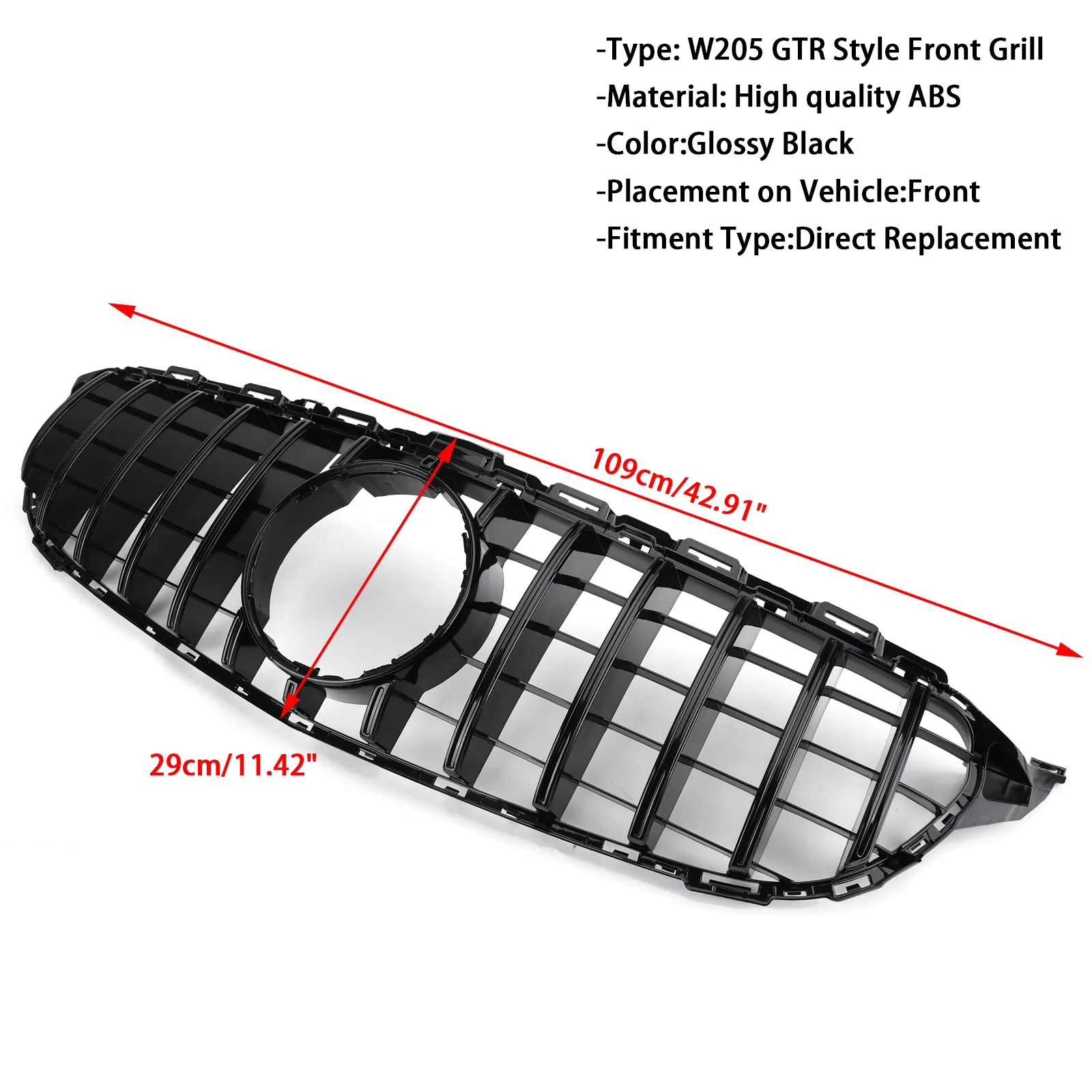 Areyourshop GTR Style With Logo Front Bumper Grill Grille For  Mercedes-Benz  W205 C250 C300 C43 2015-2018 Without Camera