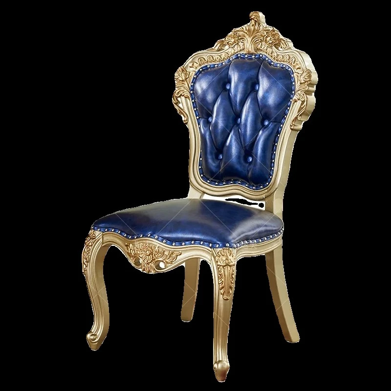 

Европейский обеденный стул для виллы/ресторана, полностью из массива дерева, с резьбой в виде цветов, синий, роскошный стул для отдыха, стул для чтения