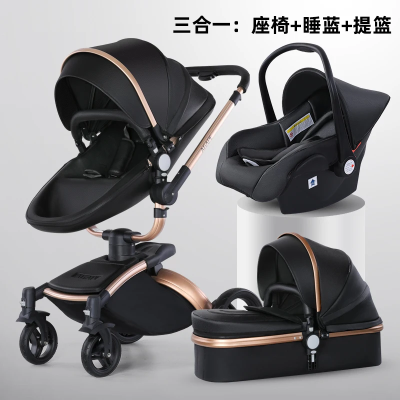 2023 Luxury high landscape pram newborn 3 in 1 car seat 360° swivel pu leather eggshell baby stroller