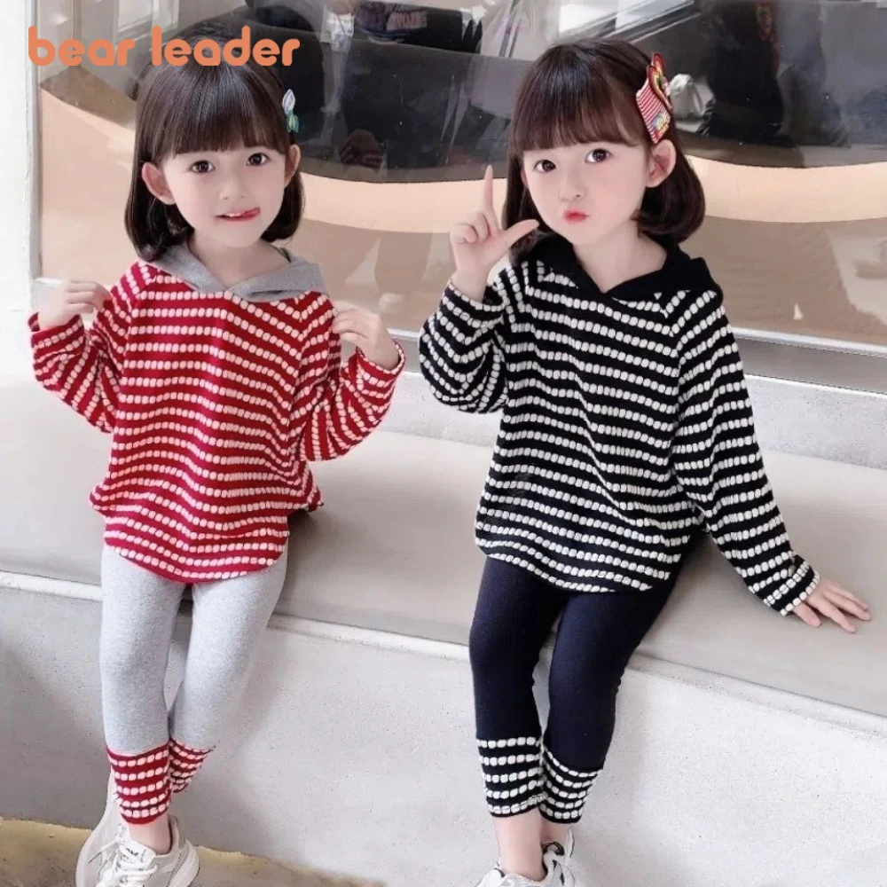 

Bear Leader Autumn Girls Suit Long Sleeved Striped Sweatshirt+Spliced Pants Two-piece Set for Spring Casual Children's Clothing