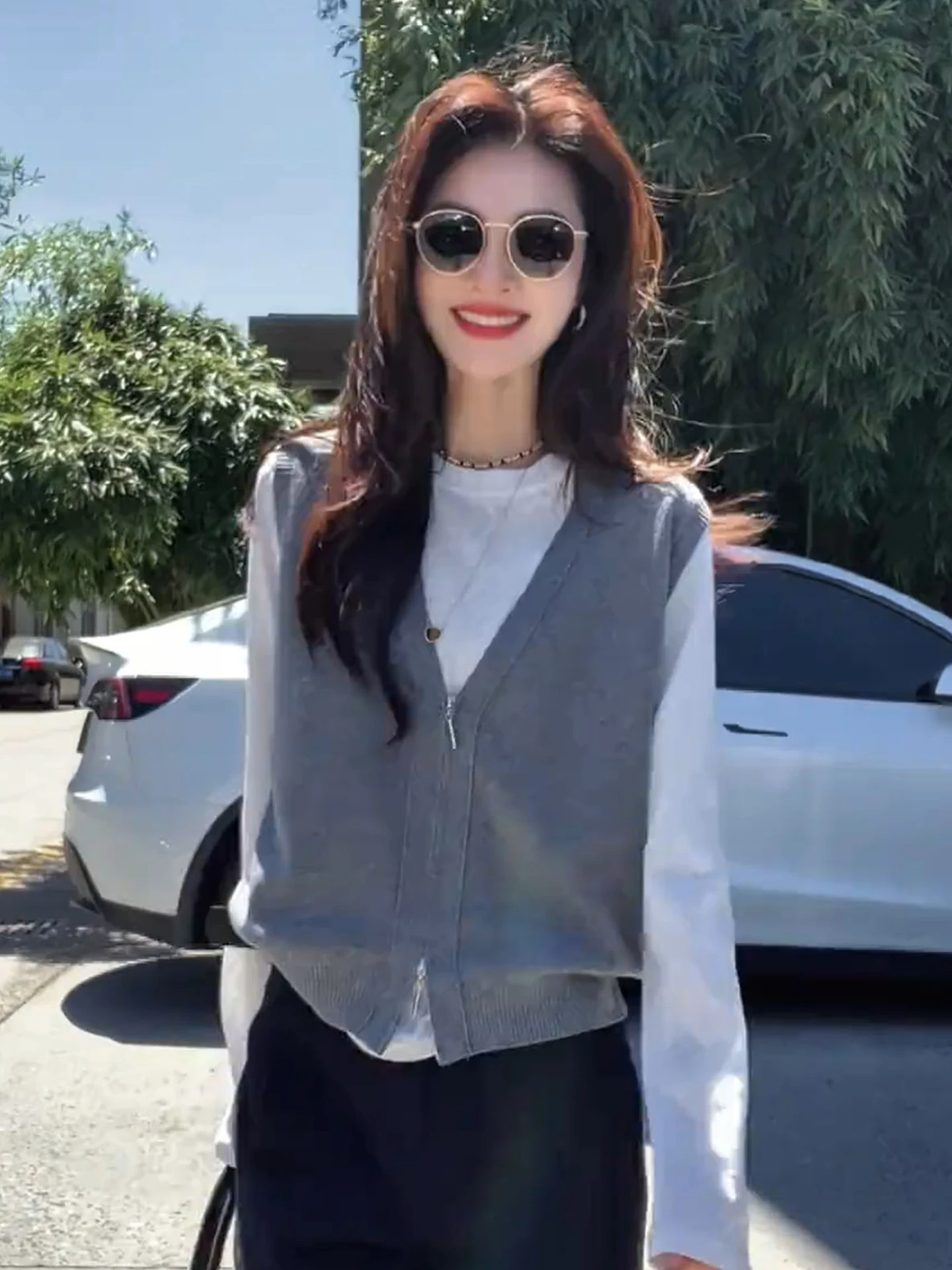 

Double Zipper V-Ne Svel Knitted Cardigan Faionable Slimming Color Commute Sle Women's Vest Pure Color Knitwear