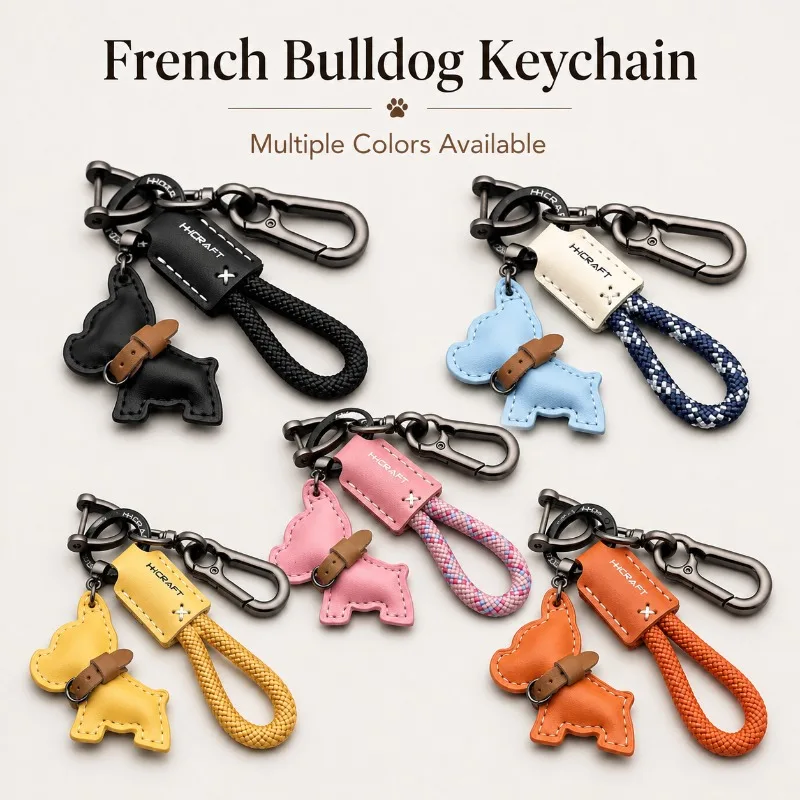 Cute French Bulldog Keychain Leather Dog Pendant Braided Rope Key Ring Clip Car Key Holder Handbag Charm Fashion Gift for Women