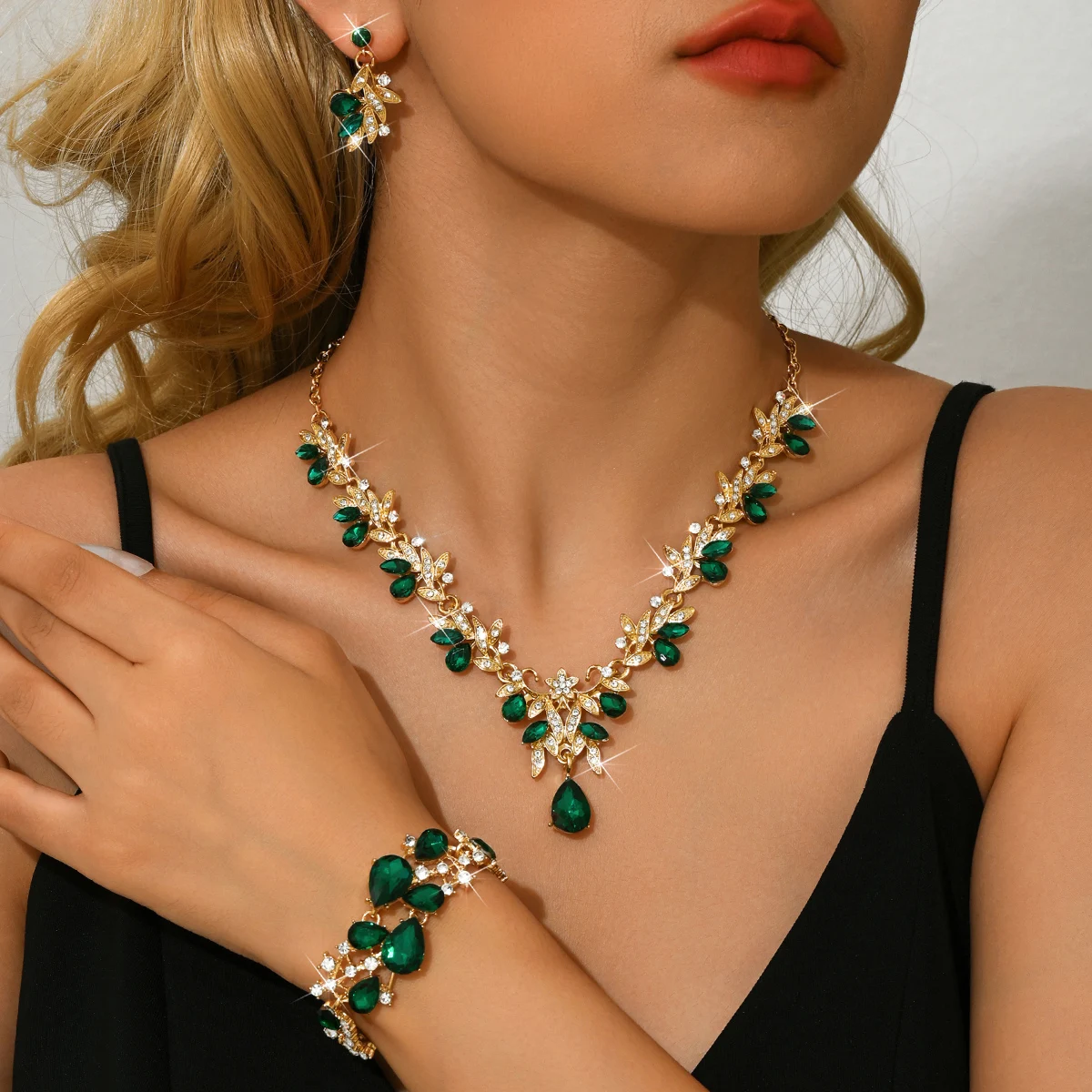 FYUAN Green Blue Flower Crystal Necklace Earrings Bracelet For Women Wedding Bride Jewelry Sets