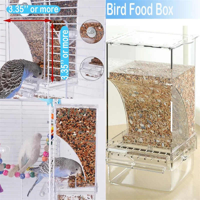 No Mess Bird Feeders Automatic Parrot Feeder Drinker Acrylic Seed Food Container Cage Accessories For Small And Medium Parakeets