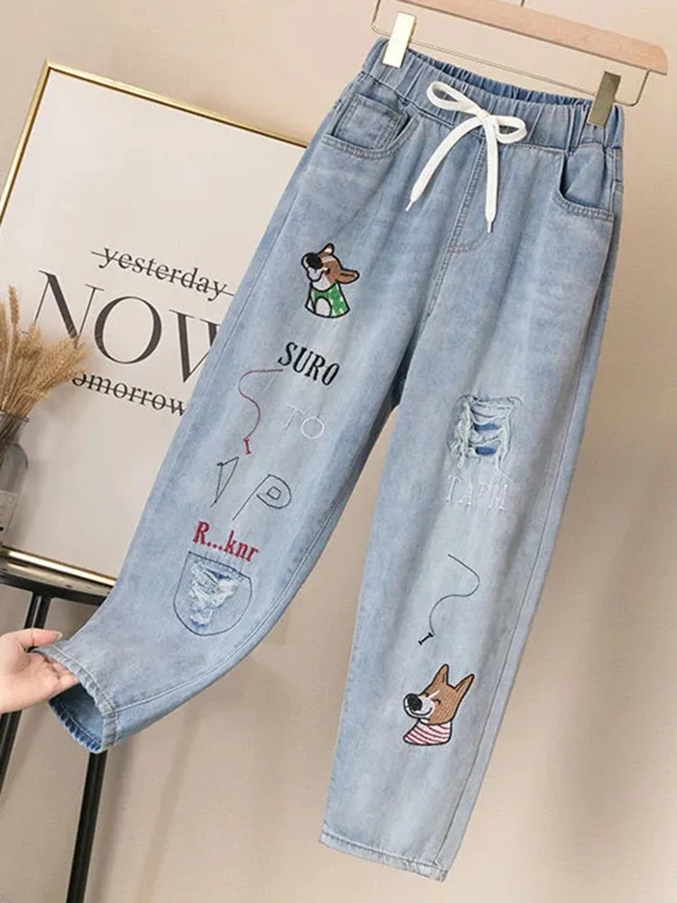 Cartoon bestickte Harem Jeans Baggy knöchel lange Jeans hose Schnürung Spodnie Straight Ripped Vaqueros hohe Taille Jeansy große Größe