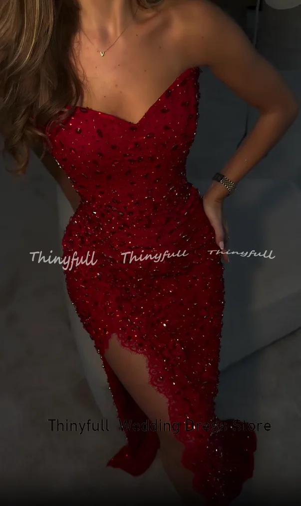 Thinyfull 인어 아랍 레드 댄스 파티 드레스 연인 민소매 크리스탈 이브닝 가운 공식 드레스 로브 드 소아레 맞춤형